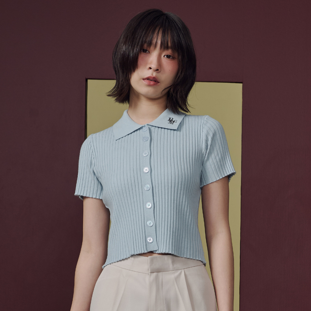 Bemingtop1074(S-2XL)-BMG Soft Rib Polo Knit – เสื้อไหมพรม ผ้าร่องคอปกกระดุมหน้า โลโก้ BMG ที่ปกเสื้อ