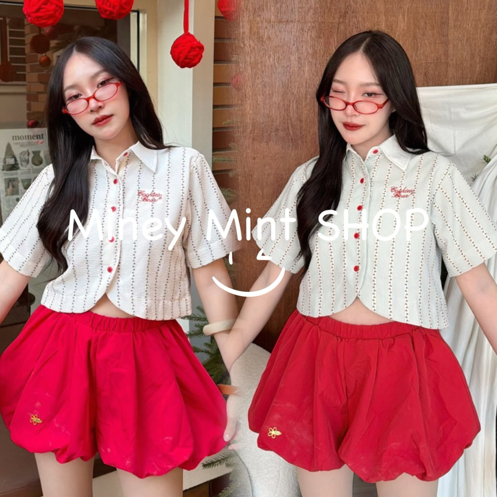 miniminey💕เสื้อเชิ้ตคอปกแขนสั้นทรงชายโค้ง งานแต่งปก น่ารักสุด