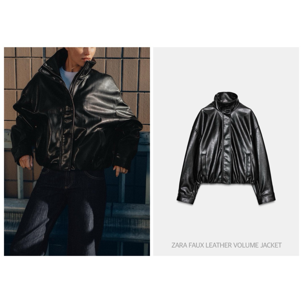 ZARA เสื้อแจ็คเก็ตหนัง กันหนาว คอสูง แขนยาว FAUX LEATHER VOLUME JACKET (C1403)