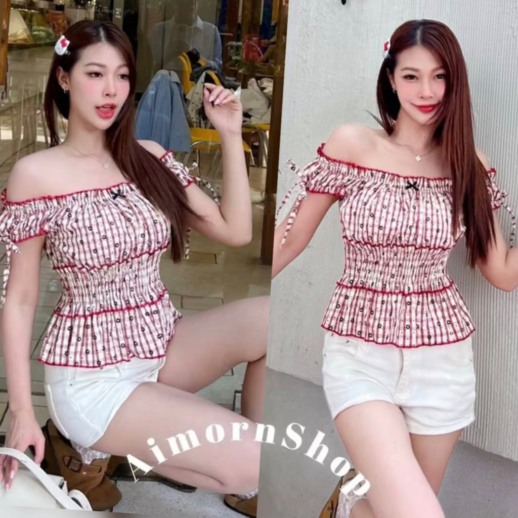 🔥aimorn_shop🔥เสื้อแขนตุ๊กตา ใส่ปาดไหล่ได้ ลายริ้วชิคๆ สีหวานละมุนมาก