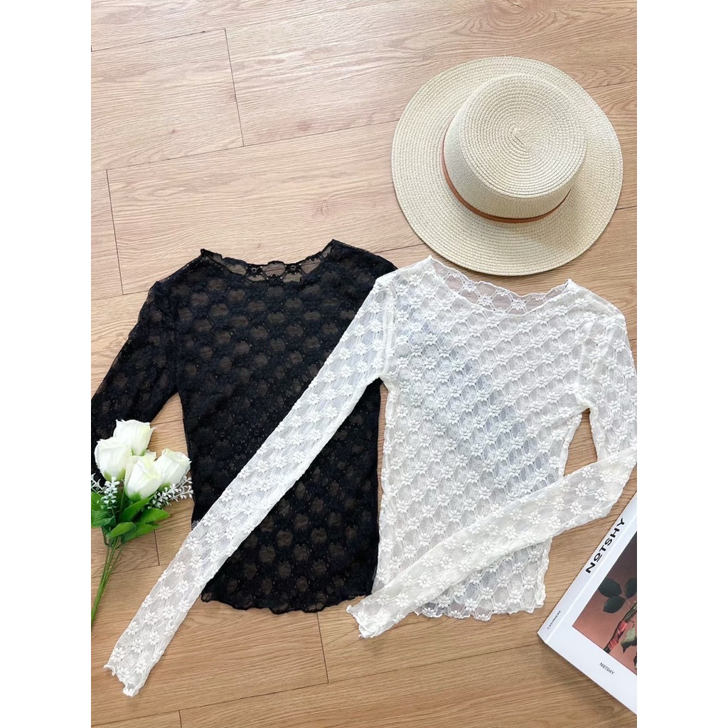 INFINITY : Champagne Top + บราลูกไม้ เสื้อซีทรูปั้มลายดอกไม้ เนื้อผ้านิ่ม