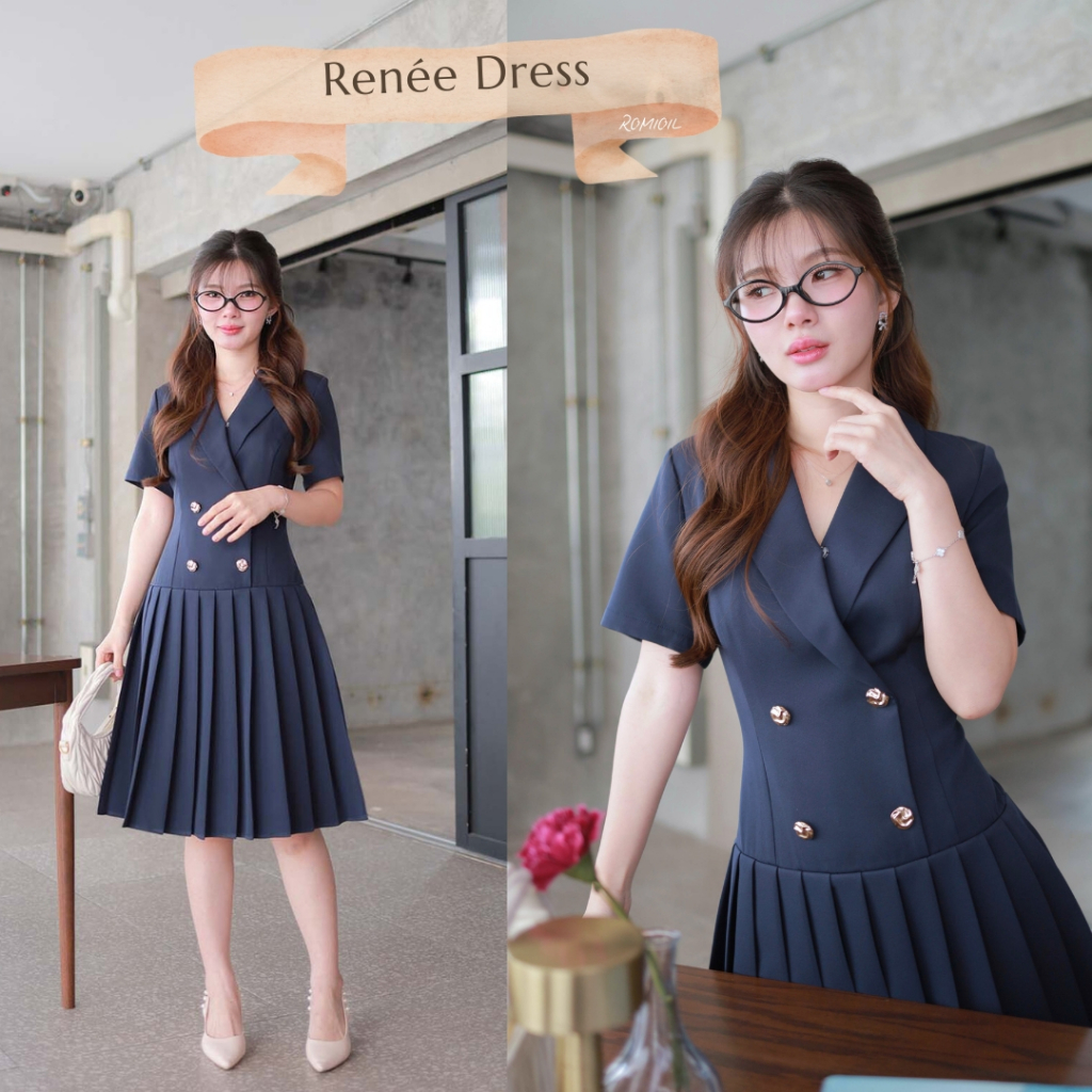 “Romi”Oil” Renee Dress (Navy) K331 ชุดเดรสสีกรม (แต่งกระดุมด้านหน้ากระโปรงพลีท)