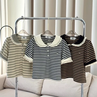 SISSY : เสื้อโปโลแขนสั้น (XS-XXL) คอบัวแต่งขอบลูกไม้ กระดุมหัวใจ ปักอะไหล่เงิน ผ้าถัก cotton สไตล์ลูกคุณหนู ผ้าใส่สบาย