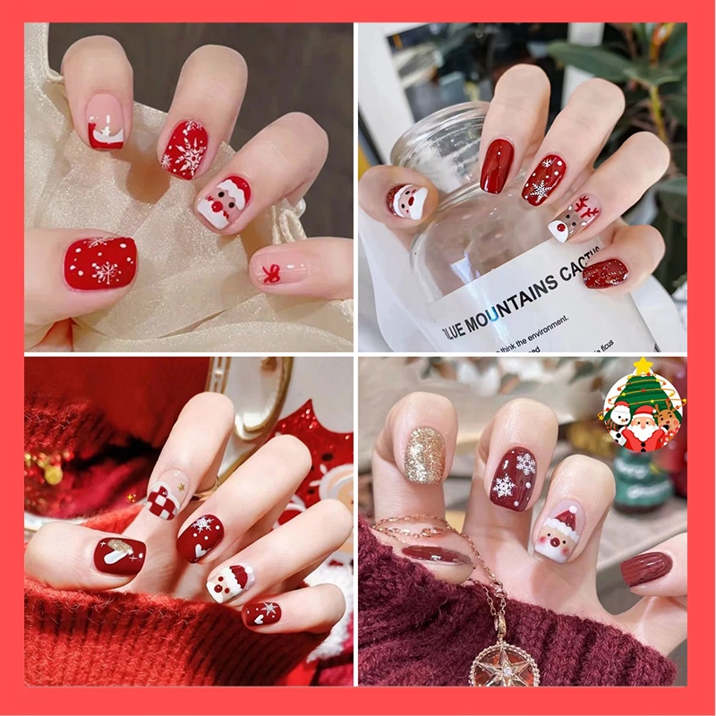🎅ใหม่ เล็บปลอม 3D เล็บเจลปลอมคริสต์มาส แฟชั่นเล็บปลอม คริสต์มาส หลากหลายสไตล์เล็บ กันน้ำ 24 ชิ้น