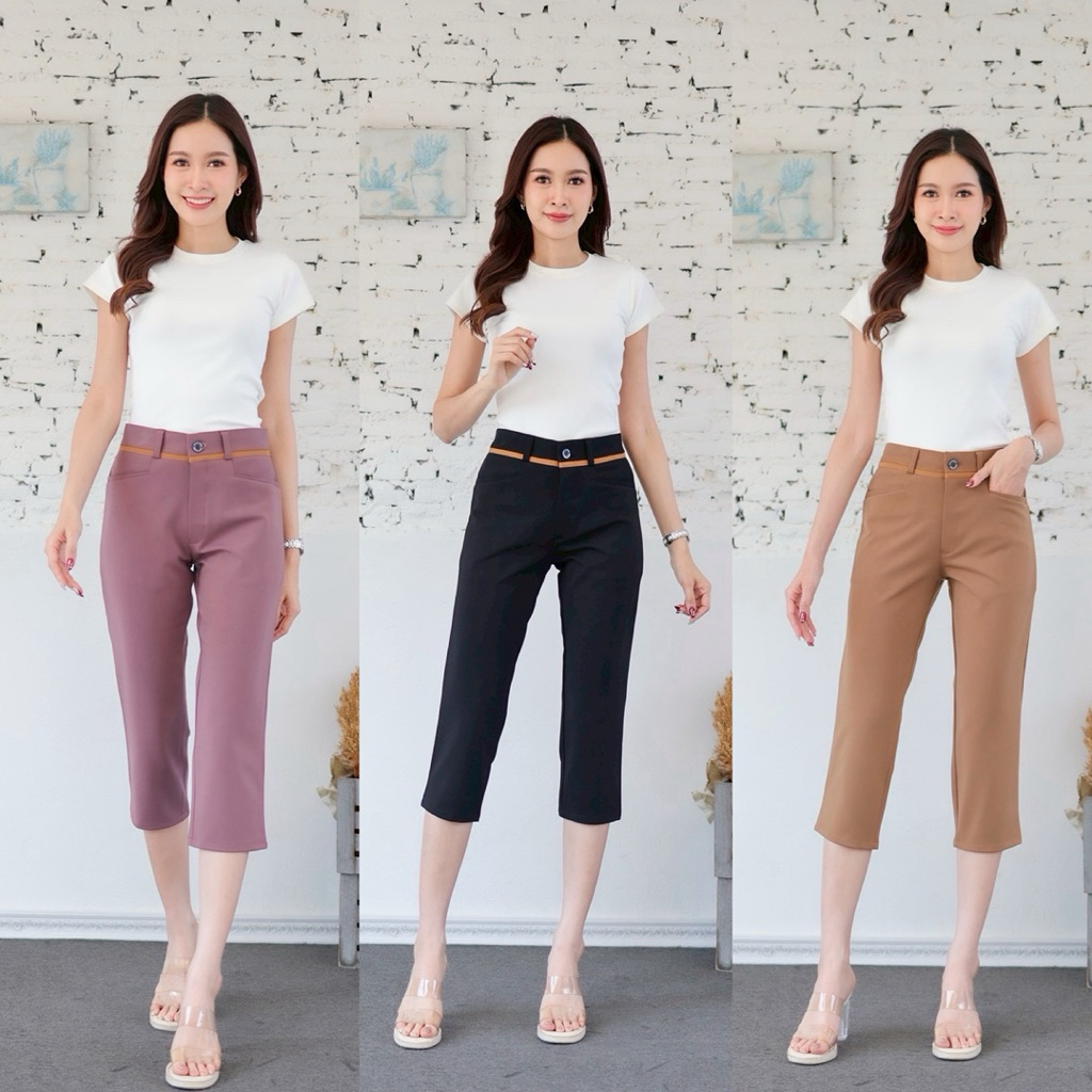 กางเกง 5 ส่วนผ้าโรเชฟแต่งขอบกุ้น ผ้ายืด M-40