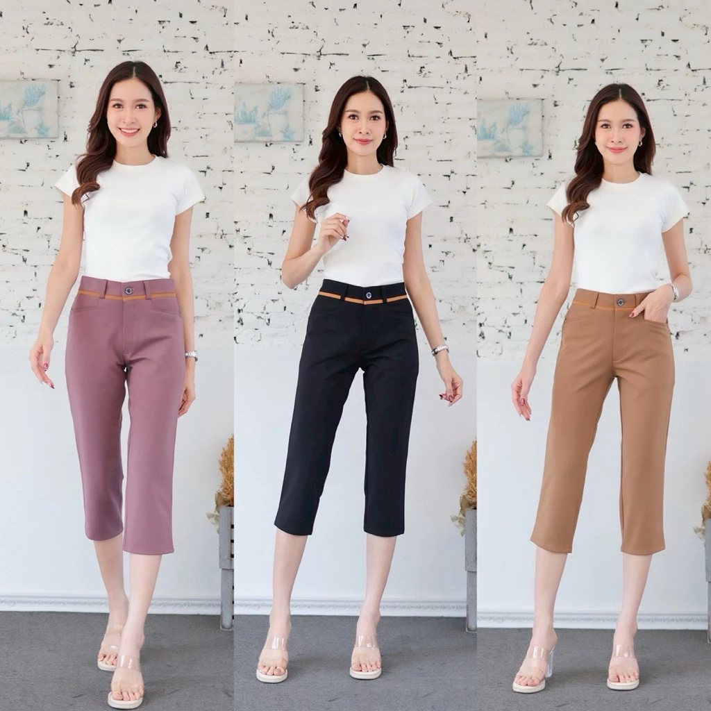 กางเกง 5 ส่วนผ้าโรเชฟแต่งขอบกุ้น ผ้ายืด M-40