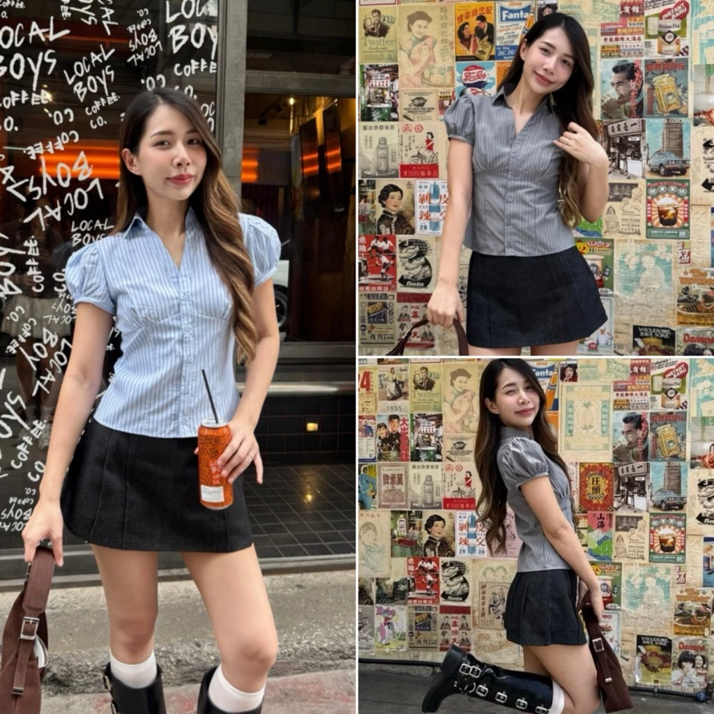 cherryshop พร้อมส่ง เสื้อเชิ้ตแขนสั้นลายทางสไตล์สาวฮอตอเมริกัน คอวี สไตล์สลิมฟิต ดีไซน์แบบกระดุมแถวเดียว