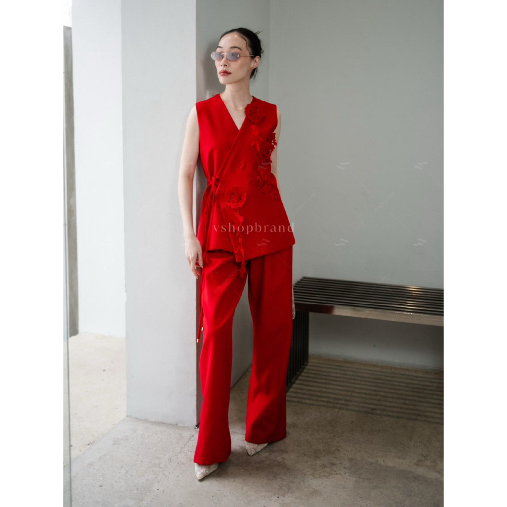 🌟 Setกั๊กสูทปักลูกไม้ผูกหน้า+กางเกงขายาว 342-1 (vs)🌟