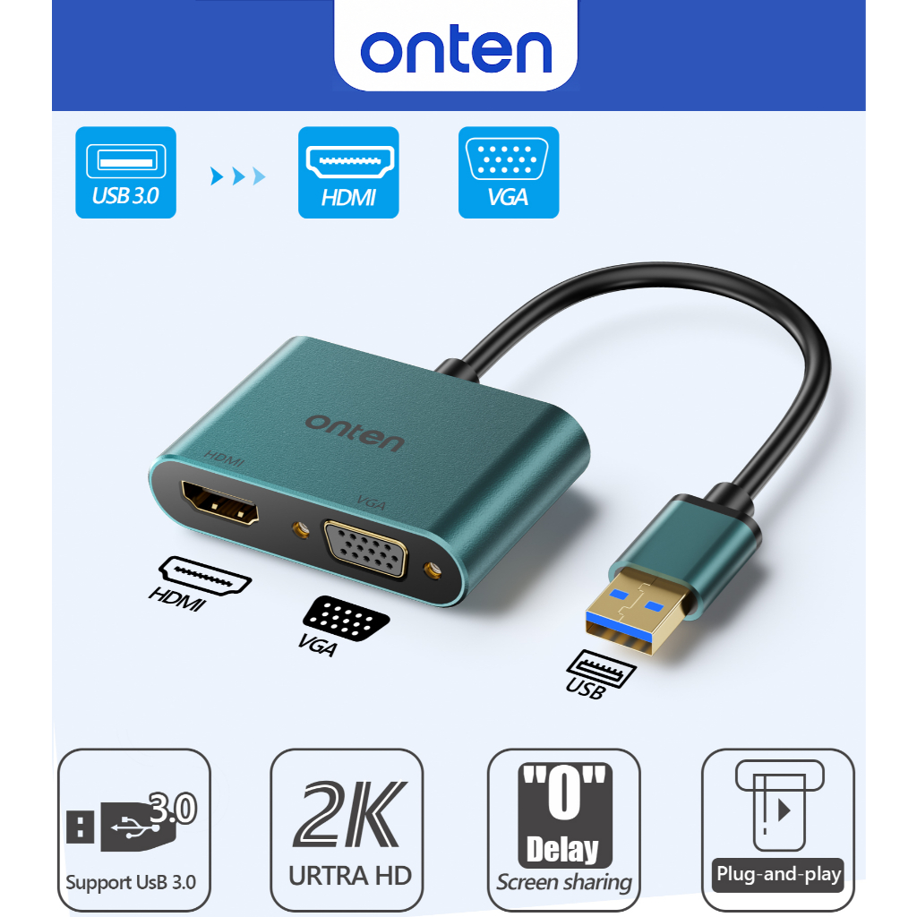ONTEN OTN-5201B อแดปเตอร์ USB 3.0 to HDMI and VGA ภาพคมชัดระดับ FHD ต่อออกสองจอ USB to HDMI+VGA Adap