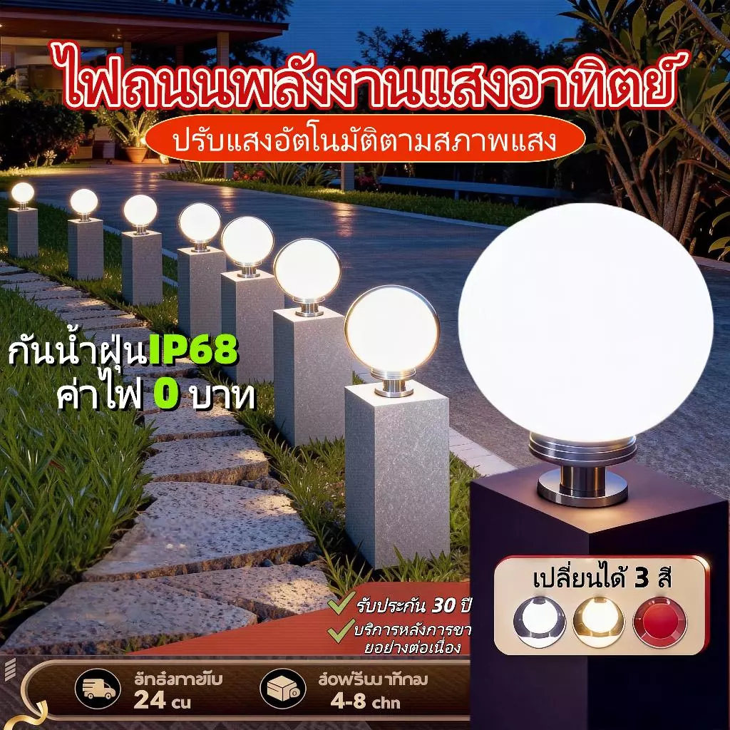 【จัดส่งฟรี】โคมไฟหัวเสา โคมหัวเสาโซล่าเซลล์ ไฟสวนหลอด โซล่าเซลล์ โคมไฟทรงกลม กันน้ำ 3สี การควบคุมแสงอัจฉริยะ ราคาส่ง