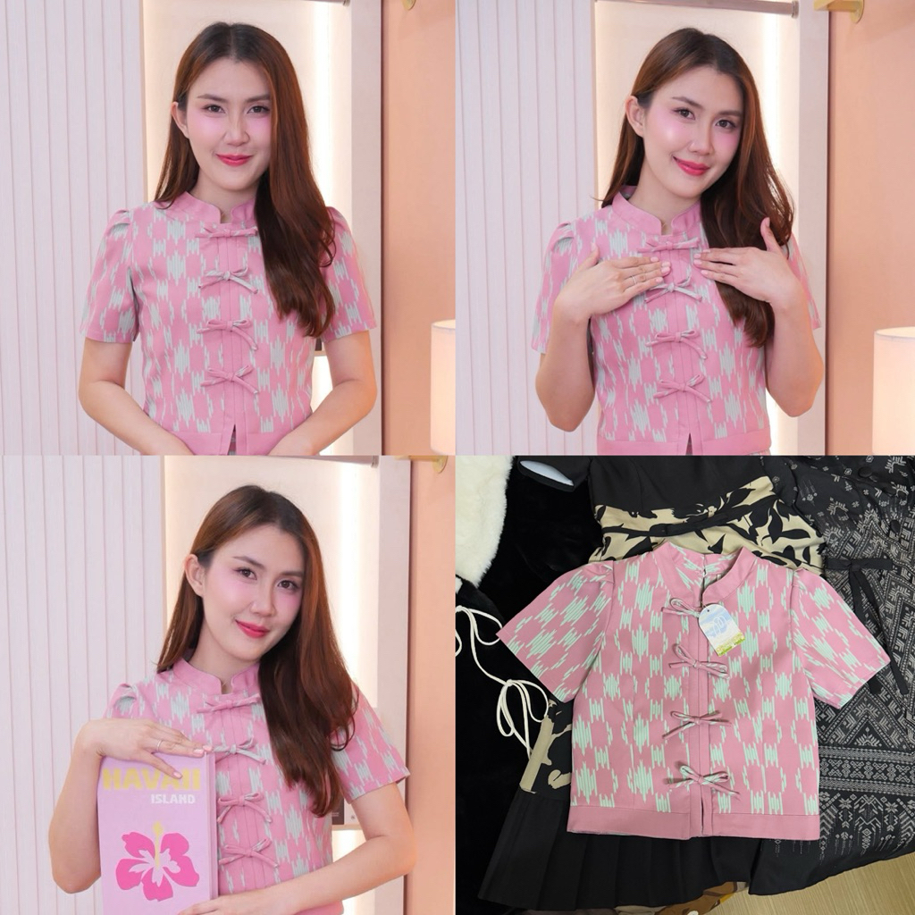 เสื้อผ้าไทย ผ้าทอ Mabel คอจีน สีชมพู Size XS อก 32 มือ 1 S ใส่ได้