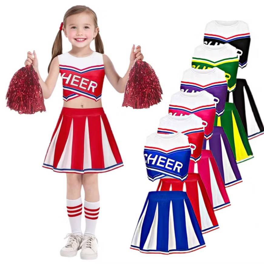 ชุดเชียร์ลีดเดอร์หลากสีเด็กผู้หญิง ชุดการแสดง ครบเซท 4 รายการ เสื้อ+กระโปรง+ถุงเท้า+พู่ (สินค้าพร้อมส่งในไทย)