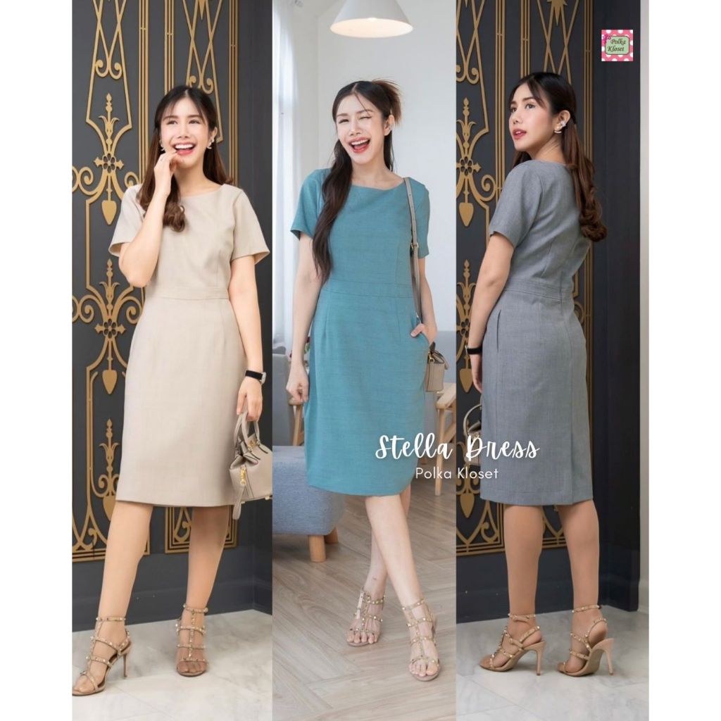 Stella Dress เดรสตัดต่อแถบเอว เก็บทรงสวยม๊ากกก  ผ้าญี่ปุ่นทอลายในตัว นิ่มสบาย ซับใน กระเป๋าข้าง ซิปหลัง สวยหรูเลอค่า ราคา ถูกที่สุด ดีลบีเคเค