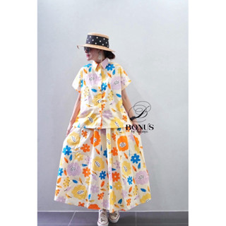เซ็ตเสื้อเชิ๊ตจับคู่กระโปรงทรงระบายยาวคอตตอนญี่ปุ่น 100%