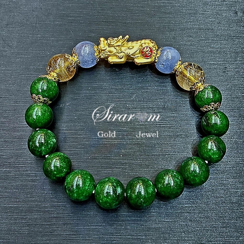 ข้อมือปี่เซียะหยกเขียว ✨ มาพร้อมปี่เซียะทองแท้ ✨ ตัวปี่เซียะนน. 1.53 กรัม✨ ฝาครอบทองแท้ นน. 0.48 กรั