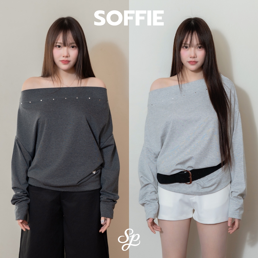 Soffie_SP106 เสื้อสเวตเตอร์ปาดไหล่ ผ้านุ่มใส่สบาย ดีเทลหมุดเรียบหรู ใส่ได้ทุกฤดูกาล