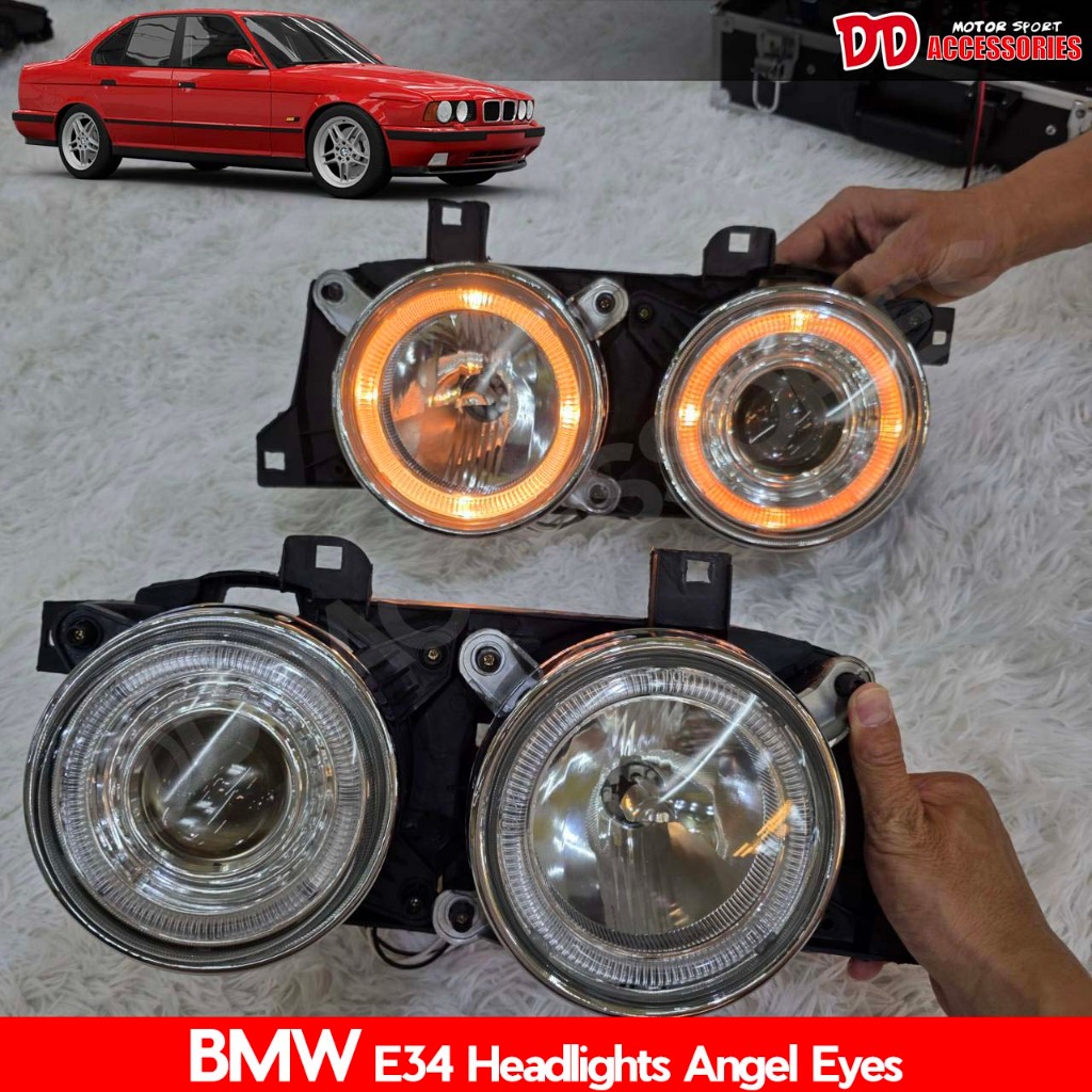 ไฟหน้าแต่ง ไฟหน้า E34 Series BMW Projector วงแหวนไฟเหลืองส้ม มีไฟมุมขายแยก ขายเป็นคู่ NT