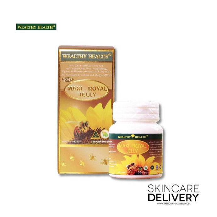 นมผึ้ง WEALTHY HEALTH MAXI ROYAL JELLY (แม็กซี่ รอยัลเจลลี่)  นมผึ้งเกรดพรีเมี่ยม 120 แคปซูล