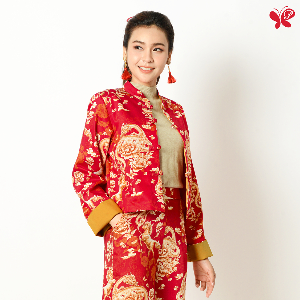 Papillon Woman Cropped Jacket - LONGMA แจ็คเก็ตตัวสั้นพิมพ์ลายมังกรและม้า ผ้าcotton 100% บุผ้ากาวเนื้อนุ่มด้านในทั้งตัว