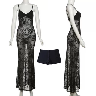 【L'NADA】Lace Backless Dress พร้อมส่ง เดรสยาวสายเดี่ยวลูกไม้ซีทรู โชว์หลัง มีซับใน