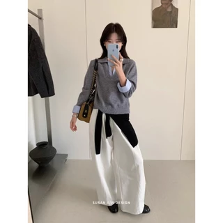 Gakki เสื้อสเวตเตอร์ถักลายปะติดปะต่อแบบสองชิ้นแขนยาวกันหนาวผู้หญิง เสื้อไหมพรมสไตล์เกาหลีฟรีไซส์ พร้อมส่ง 3383#