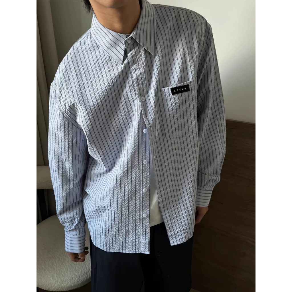 LEELA-LOGO STRIPED SHIRT-เสื้อเชิ้ตลายทางปักโลโก้