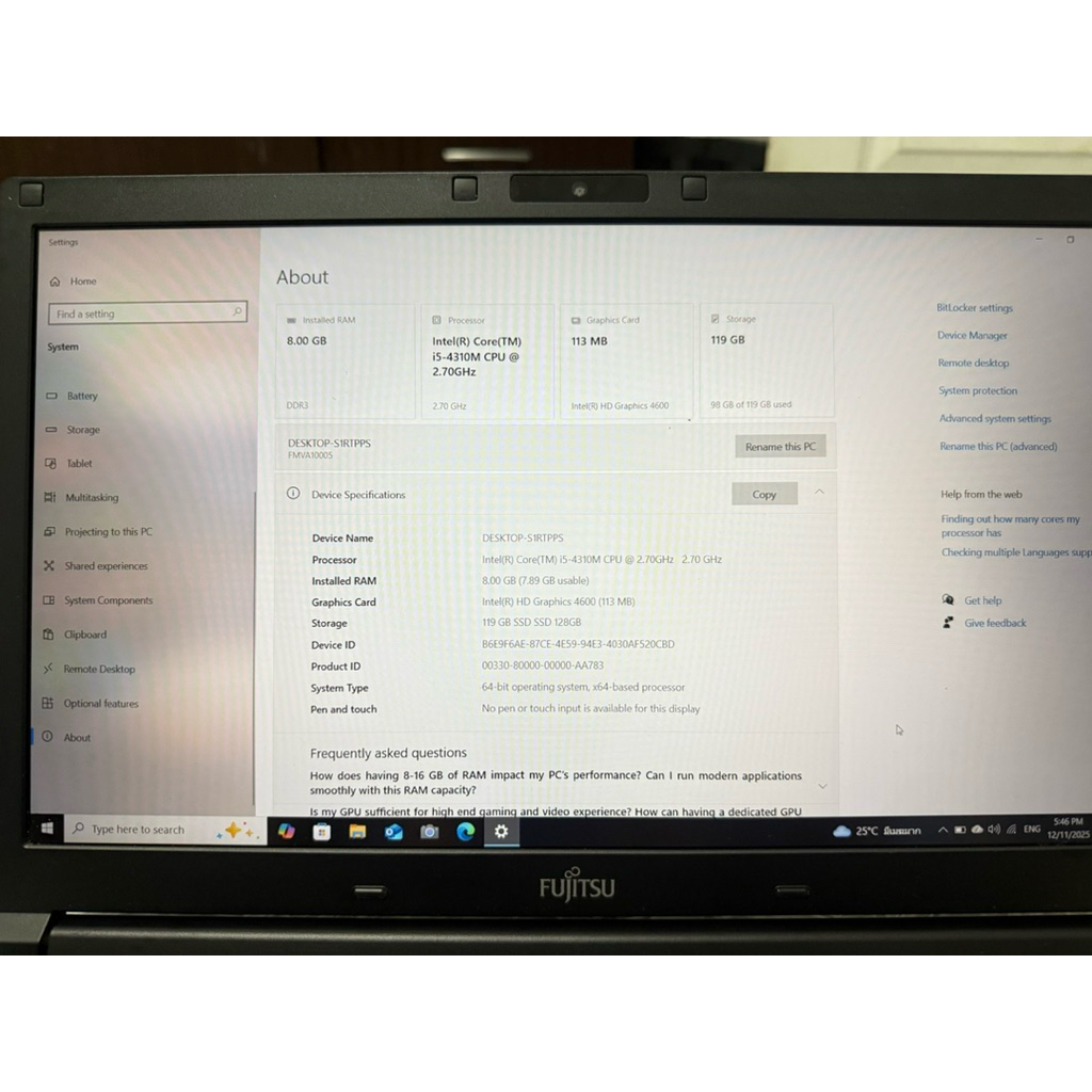 โน๊ตบุ๊ค FujitsuA574Cpucorei5Gen4Ram8SSD256