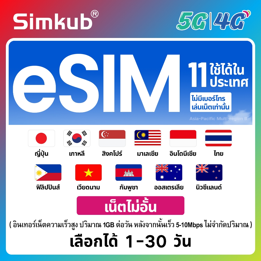 eSIM Asia-Pacific B | 11 countries ใช้ได้ใน 11 ประเทศ ซิมท่องเที่ยว เน็ตไม่จำกัด รองรับ 5G/4G เลือกไ