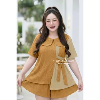 C19ชุดเซตทูโทนแต่งโบว์ขาสั้นสาวอวบ-พลัสไซส์น่ารักรุ่นใหม่ อก 46-54 "ยาว 26" กางเกงเอว 28-50 " สะโพก 58-64" ยาว19"