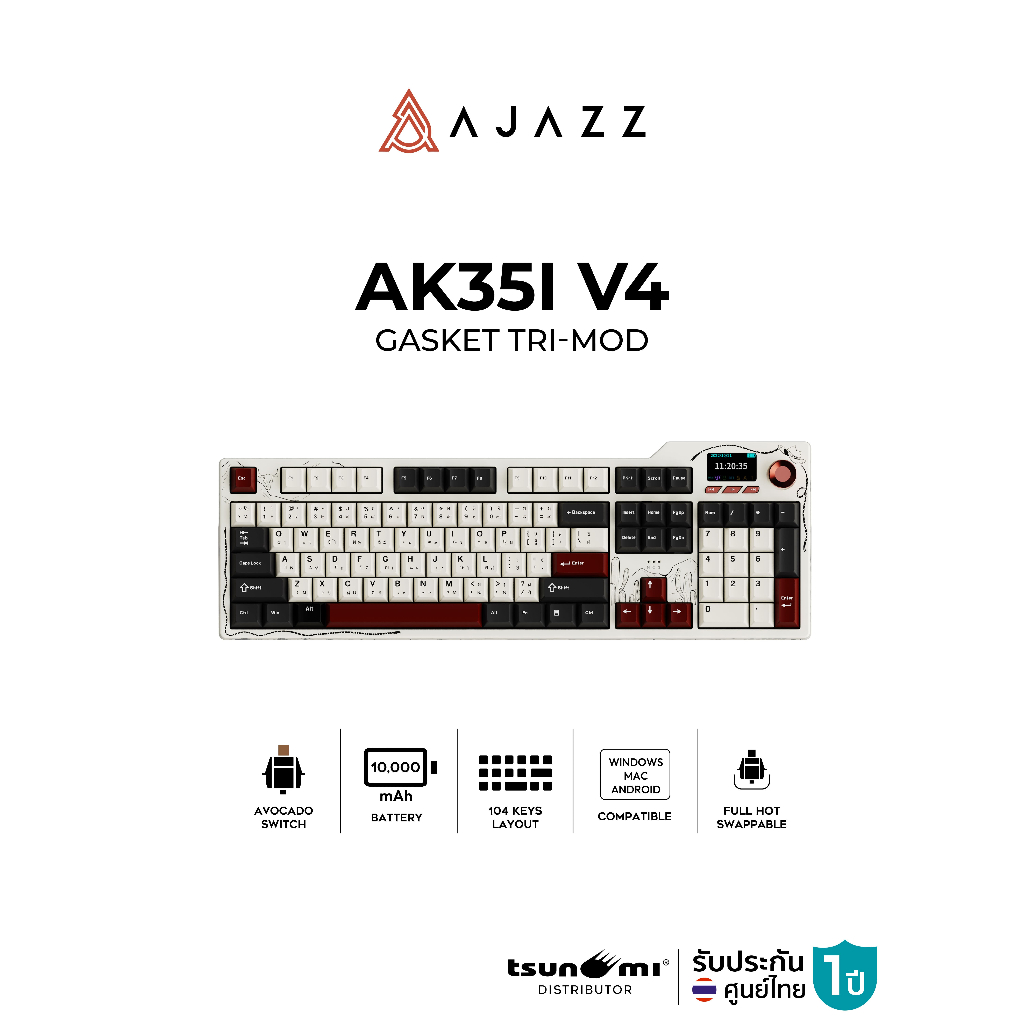 คีย์บอร์ดเกมมิ่ง Ajazz AK35i V4 104Key Gasket Tri-Mod 10,000mAh Hotswap Avocado Switch Mechanical Ke