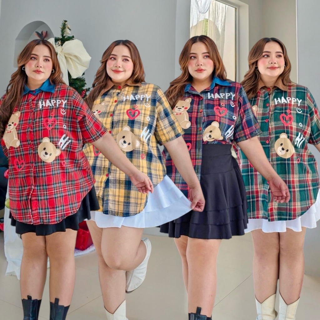 เสื้อเชิ๊ตแขนสั้น ลายสก๊อต สกรีนลายน้องหมี แต่งปก 4 สี 4 ไซส์