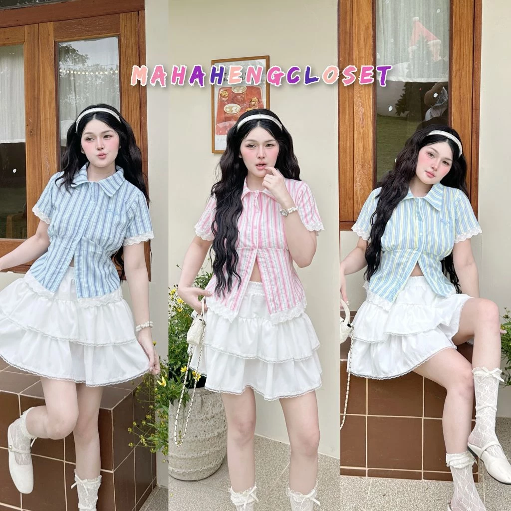 💰MahahengCloset💰เสื้อเชิ้ตลายริ้วใหญ่ ดีเทลแขนและชายแต่งลูกไม้ ใส่แล้วดูซอฟต์หวานละมุน น่ารักสุดๆ💕