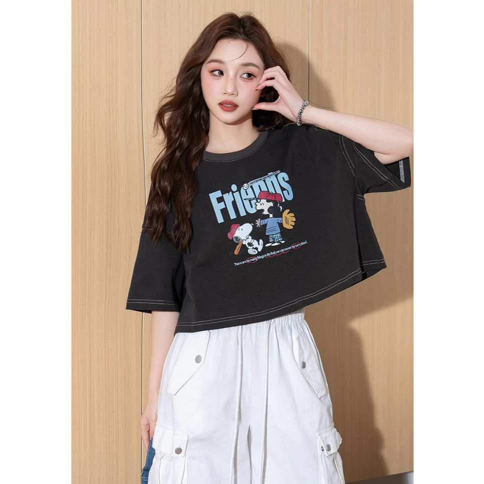 เสื้อครอปสาวอวบอ้วนไซส์ใหญ่ oversize เสื้อผ้าแฟชั่นวัยรุ่นน่ารักๆ เสื้อยืดลายการ์ตูนสวยๆผู้หญิงแขนสั้นแบบหลวมใหม่ เอวลอย thumbnail 9