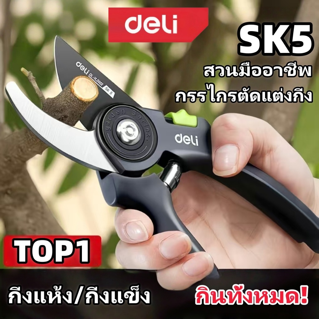 Deli กรรไกรตัดกิ่งไม้ ขนาด SK5 คม ทนทาน กรรไกรตัดโลหะ  แต่งกิ่ง กรรไกรทำสวน