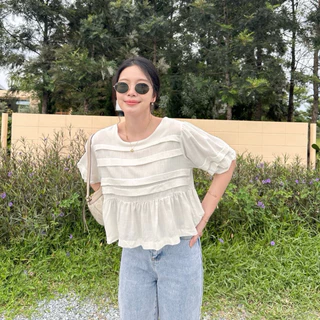 TIMBER BLOUSE เสื้อลินินแพทเทิร์นสวยลูกคุณ แขนพองนิดๆ ผ้าลินินเนื้อดี นิ่มพริ้วทิ้งตัว
