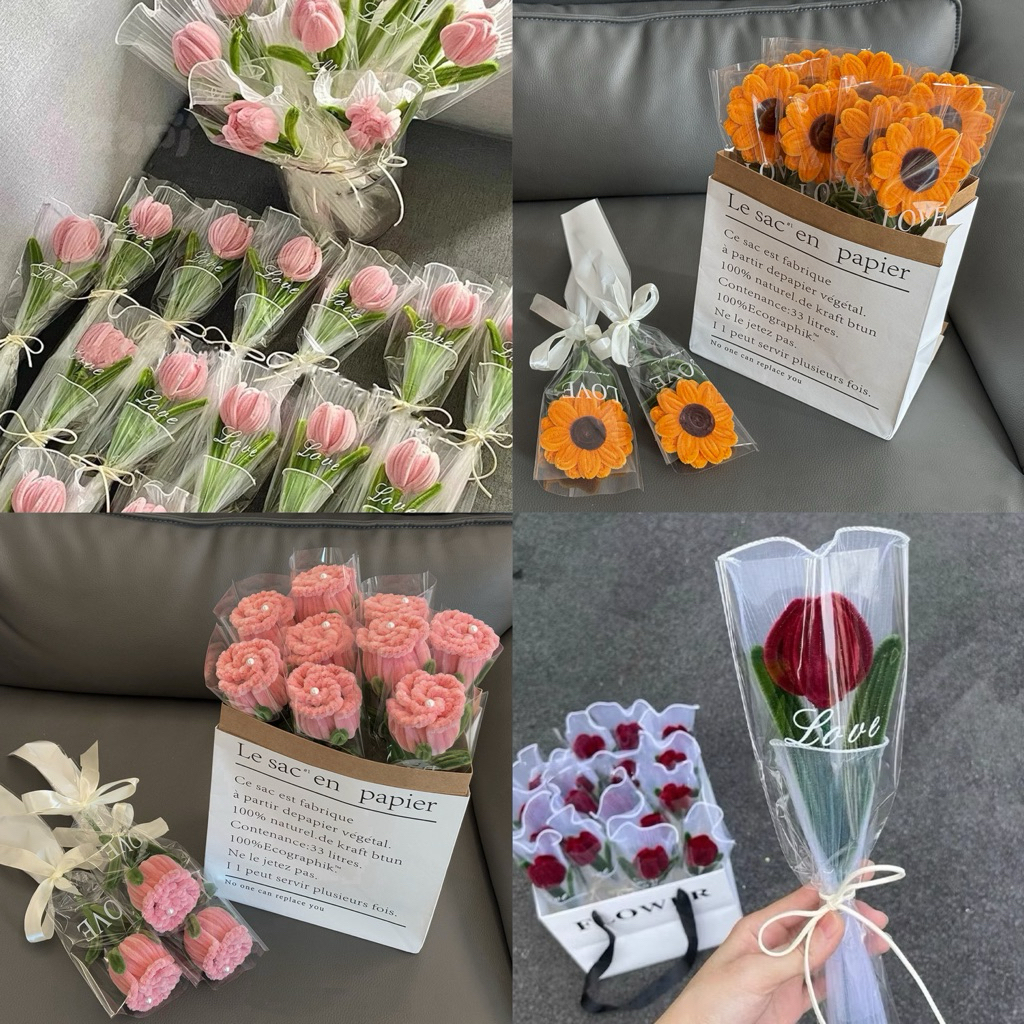 ช่อดอกทิวลิปกำมะหยี่ ช่อกุหลาบ DIY น่ารัก งานถักพรีเมียม ทานตะวัน ของขวัญ วันเกิด วันวาเลนไทน์ หรือโ