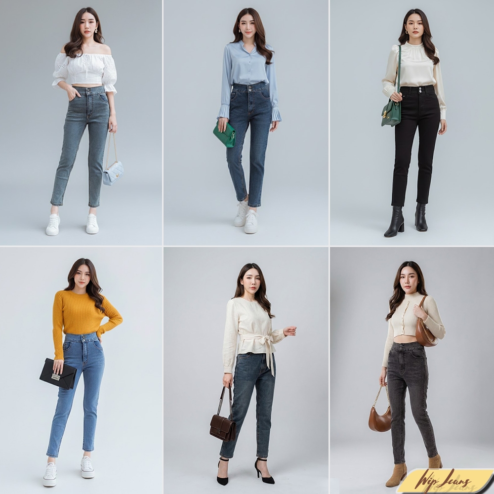 กางเกงยีนส์ผ้ายืดเอวสูง 2 กระดุม ทรงบอยสลิมเก็บพุงกระชับหุ่นสวยผ้าดีใส่สบาย F048