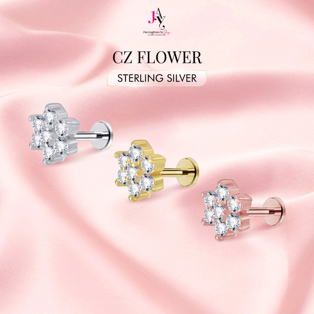 Piercingroom by Jay จิว/ต่างหูสำหรับผิวแพ้ง่าย CZ Flower แป้นแบน เงินแท้ (ราคาต่อชิ้น)
