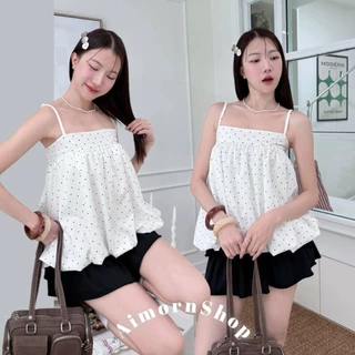 🔥aimorn_shop🔥เสื้อสายเดี่ยวทรงบอลลูน ลายจุด น่ารักมาก ปรับสายได้ ผ้าใส่สบาย