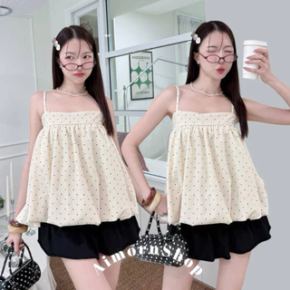 🔥aimorn_shop🔥เสื้อสายเดี่ยวทรงบอลลูน ลายจุด น่ารักมาก ปรับสายได้ ผ้าใส่สบาย
