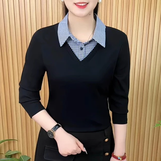 การออกแบบสองชิ้นปลอมแม่สวมเสื้อแขนยาวใหม่หลวมและบางสบายๆเสื้อผ้าผู้หญิงลดอายุ