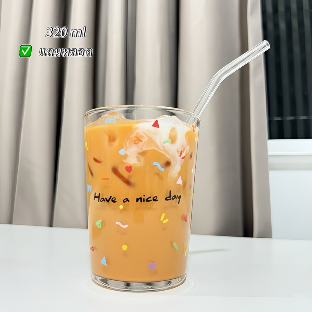 แก้วน้ำ Have a nice day พร้อมหลอด ใส่ร้อนและเย็น 320 ml พร้อมส่ง