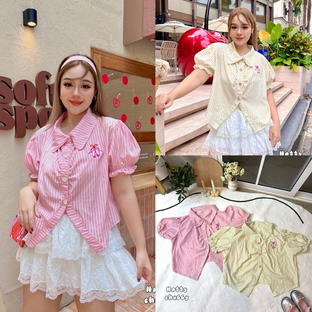 (NT) เสื้อแขนตุ๊กตาผ้าลายริ้ว ปักอก กระดุมหัวใจ น่ารักมากๆ ผ้าดีไม่ยับ เสื้อผ้าสาวอวบอ้วน พลัสไซส์ ไซส์ใหญ่