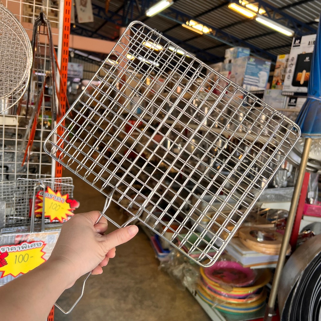 ปิ้งปลาสแตนเลสแบบด้ามเกรด304   ตะแกรงปิ้งแบบด้ามจับสแตนเลสแท้ผลิตจากไทย