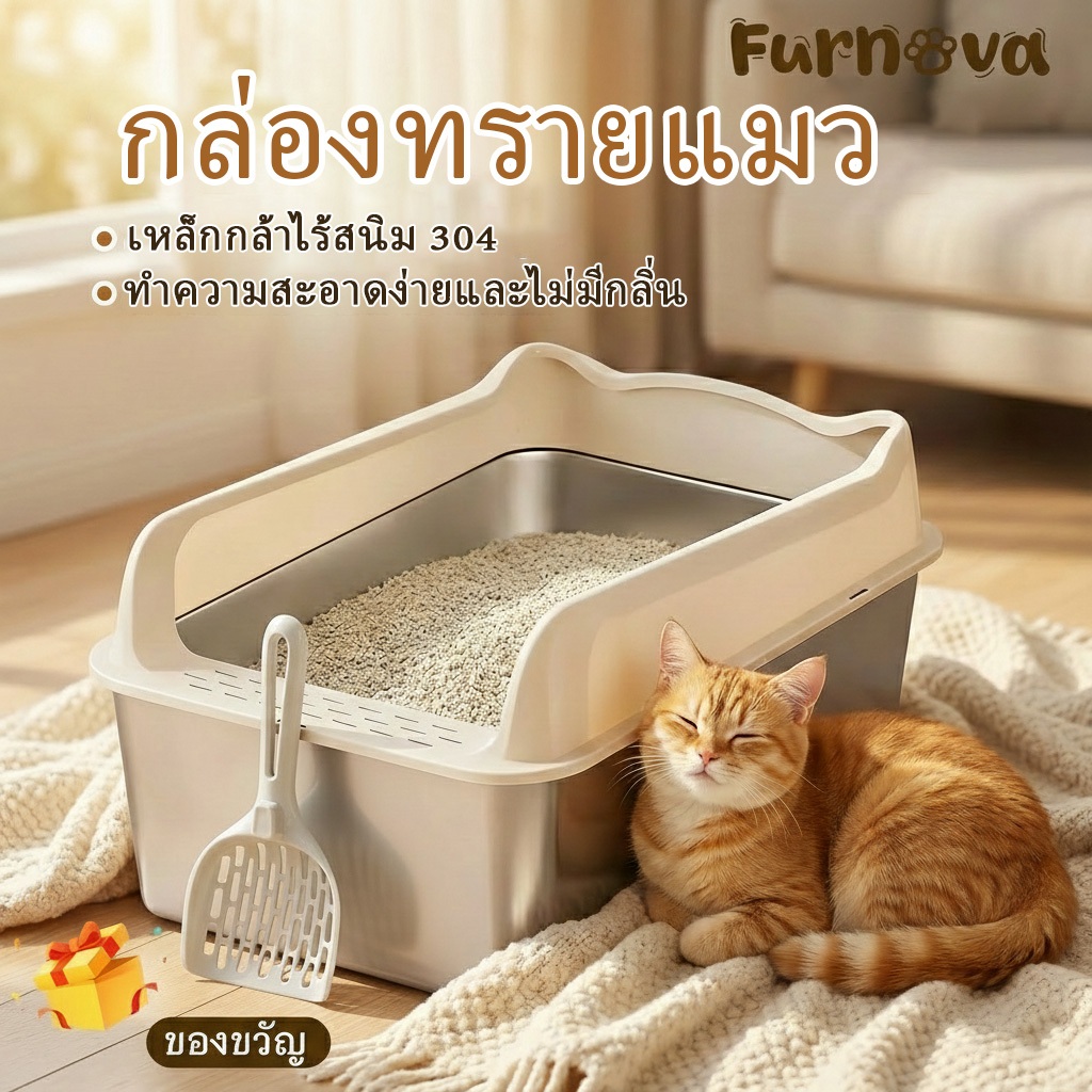 กล่องใส่ทรายแมวสแตนเลส 40-60 ซม ห้องน้ำแมวขนาดใหญ่ ลดกลิ่น ไม่ดูดซึม ล้างง่าย สะอาดกว่าแบบพลาสติก