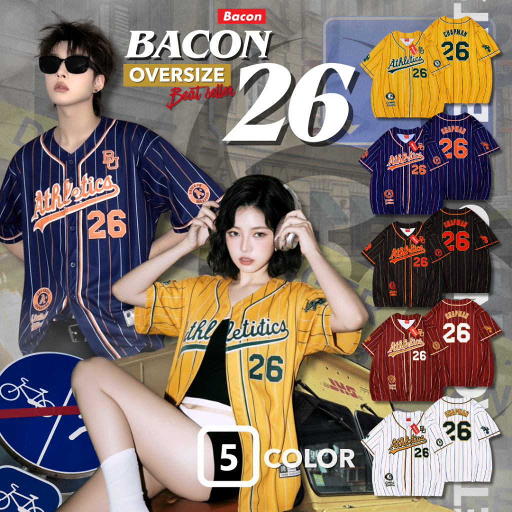 Bacon 26 เสื้อเบสบอลทรง Oversize (กระดุมจริง) งานพิมพ์ลายทั้งตัว อก 46-52