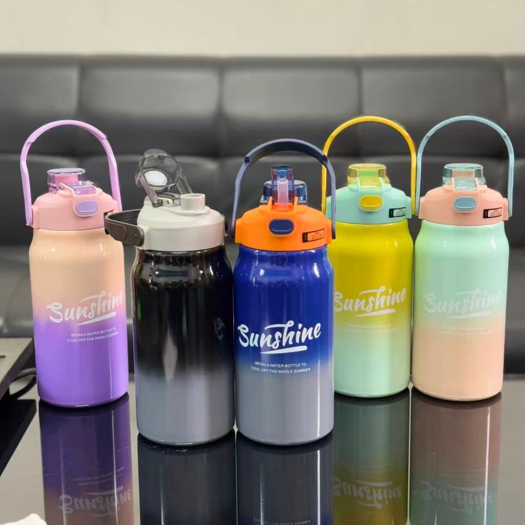 กระบอกน้ำพกพา กระติกน้ำร้อน ขวดน้ำทูโทน 1L,1.5L,1.8L เกรดSUS316 กระติกน้ำเก็บอุณหภูมิเย็น/ร้อน มีหลอด+หูหิ้ว เลือกสีได้