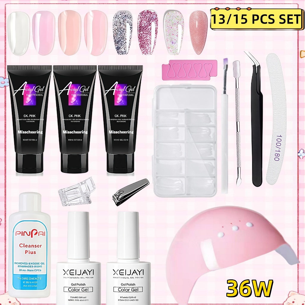 ชุดทําเล็บโพลีเจล+ 36W UV Led เจลเล็บเครื่องเป่า+ อุปกรณ์เล็บ+Top+Base ชุดทําเล็บเจลครบชุด ที่ทำเล็บ