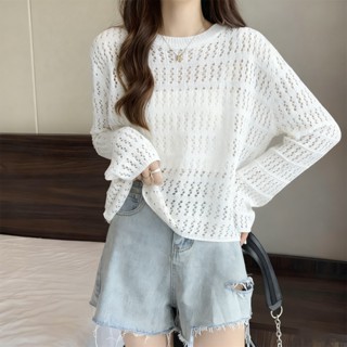 เสื้อยืดผู้หญิง เสื้อแขนยาว ผ้าถักฉลุ มี5สี ผ้ายืดได้ ใส่สบา…