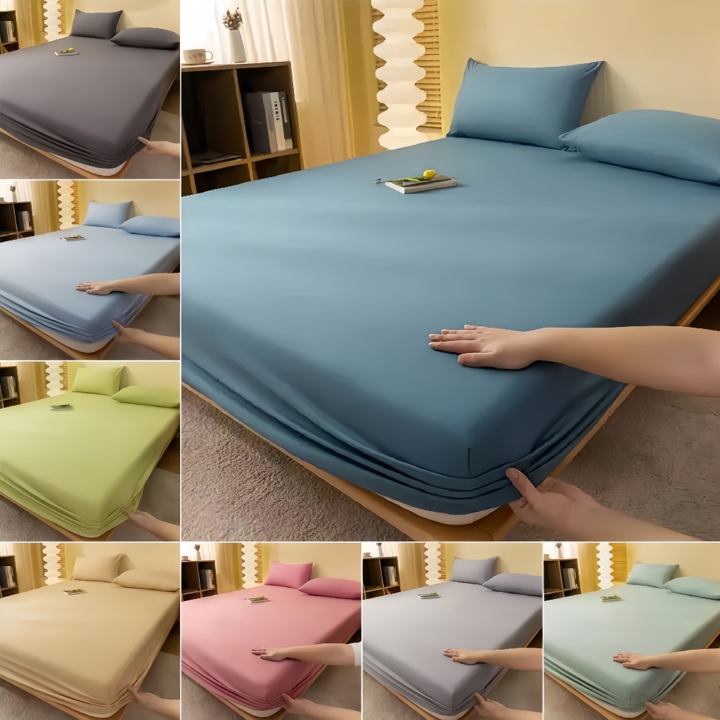 ฝ้ายบริสุทธิ์ ชุดผ้าปูที่นอนสีพื้น ผ้าปูที่นอน 3/4/5/6 ฟุต เตียงเดี่ยว/เตียงคู่ 360° ครอบเตียงเต็มรูปแบบ สไตล์ญี่ปุ่น